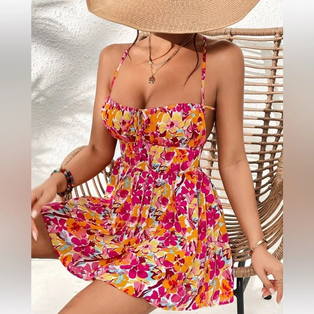 SHEIN VCAY Allover Floral Print Lace Up Backless Cami Dress
